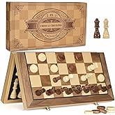 AMEROUS 15'' Magnetic Wooden Chess & Checkers Game Set -2 Extra Queens -24 Cherkers Pieces - Chessmen Storage Slots, Beginner Chess Set for Kids and Adults, Classic 2 in 1 Board Games