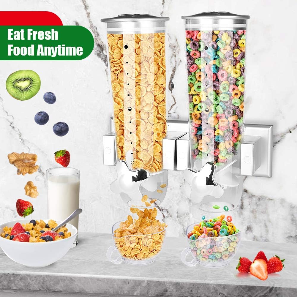 Wall Mount Dry Food Dispenser/Double Cereal Dispenser, Convenient Storage Dual Control for Cereal Nuts Beans Trail Mix Candy Granola Rice Pasta Container 7.5oz Each Cereals Bank: Kitchen & Dining