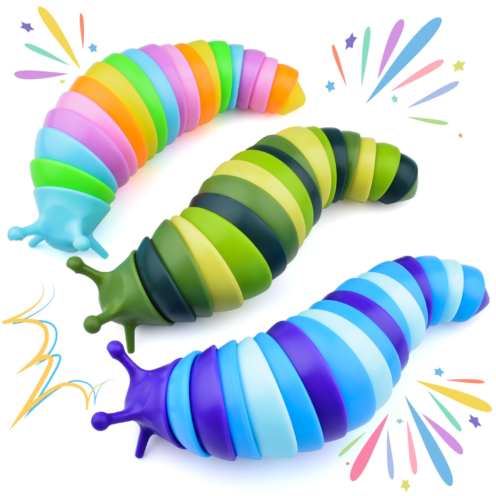 Cevioce Sensory Slug Fidget Toys for Kids & Adults - 3 Pack Slug Toys for Autism Therapy, Age 3+ Travel & Party Favors