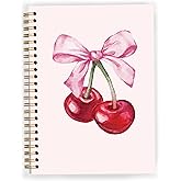 JWVK Coquette Pink Bow Cherry Notebook, Pink Girly Spiral Notebook 5.5x8.3, Preppy Aesthetic Journal for Women, Coquette Girly Office Supplies, Preppy Gifts for Women, Spiral Journal