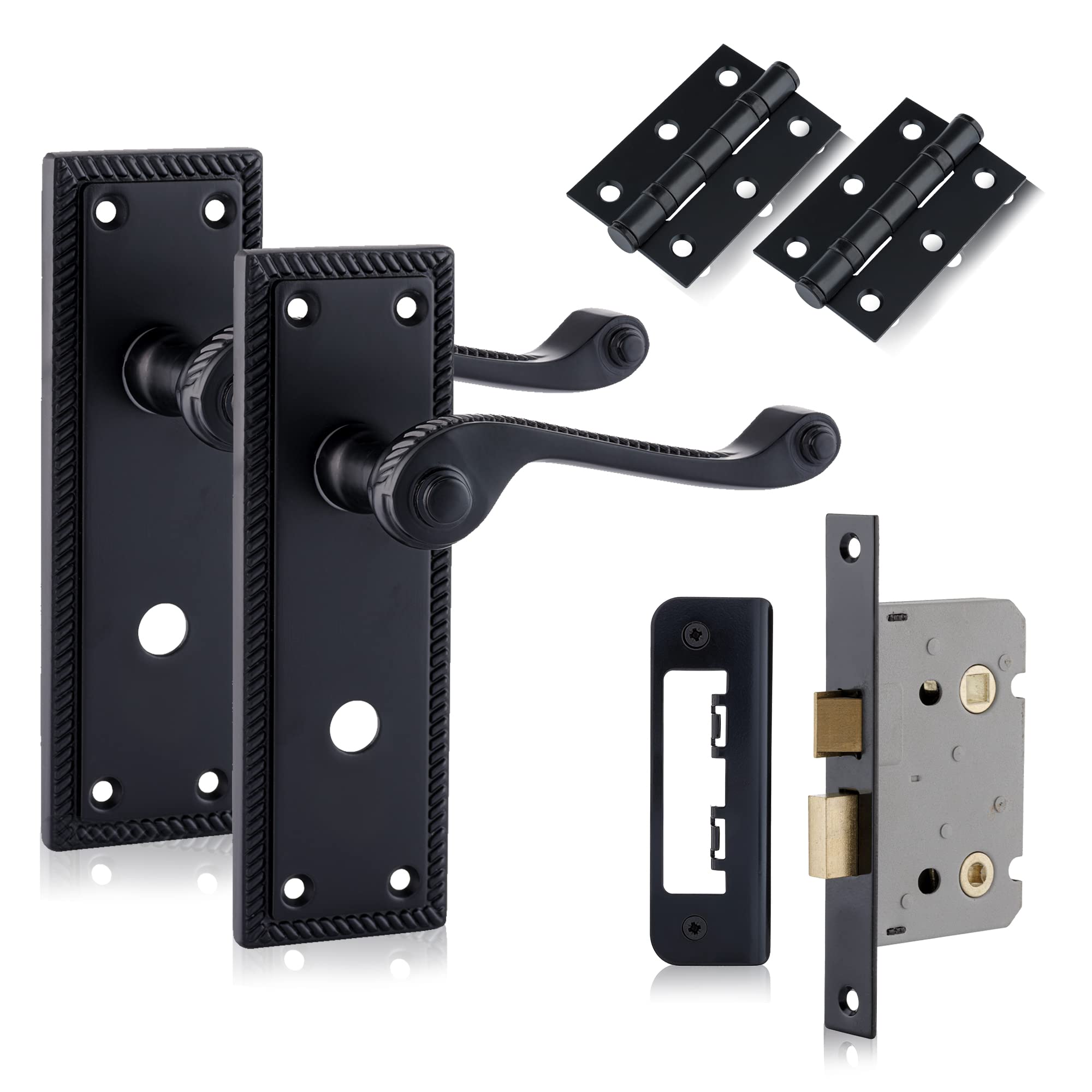 XFORT Black Beauty Range Matt Black Hanoverian Bathroom Pack, Georgian Style Complete Set with Handles, 65mm Mortice Lock and 75mm Ball Bearing Hinges, for Internal Wooden Doors