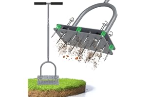 RIFPOD Lawn Aerator - Aerator Lawn Tool, Automatic Dirt and Leaf Clean Design, Heavy Duty Manual Lawn Aerator Tool with 15 Iron Spikes, Height Adjustable, Yard Grass Aerator for Lawn (Dimgray)