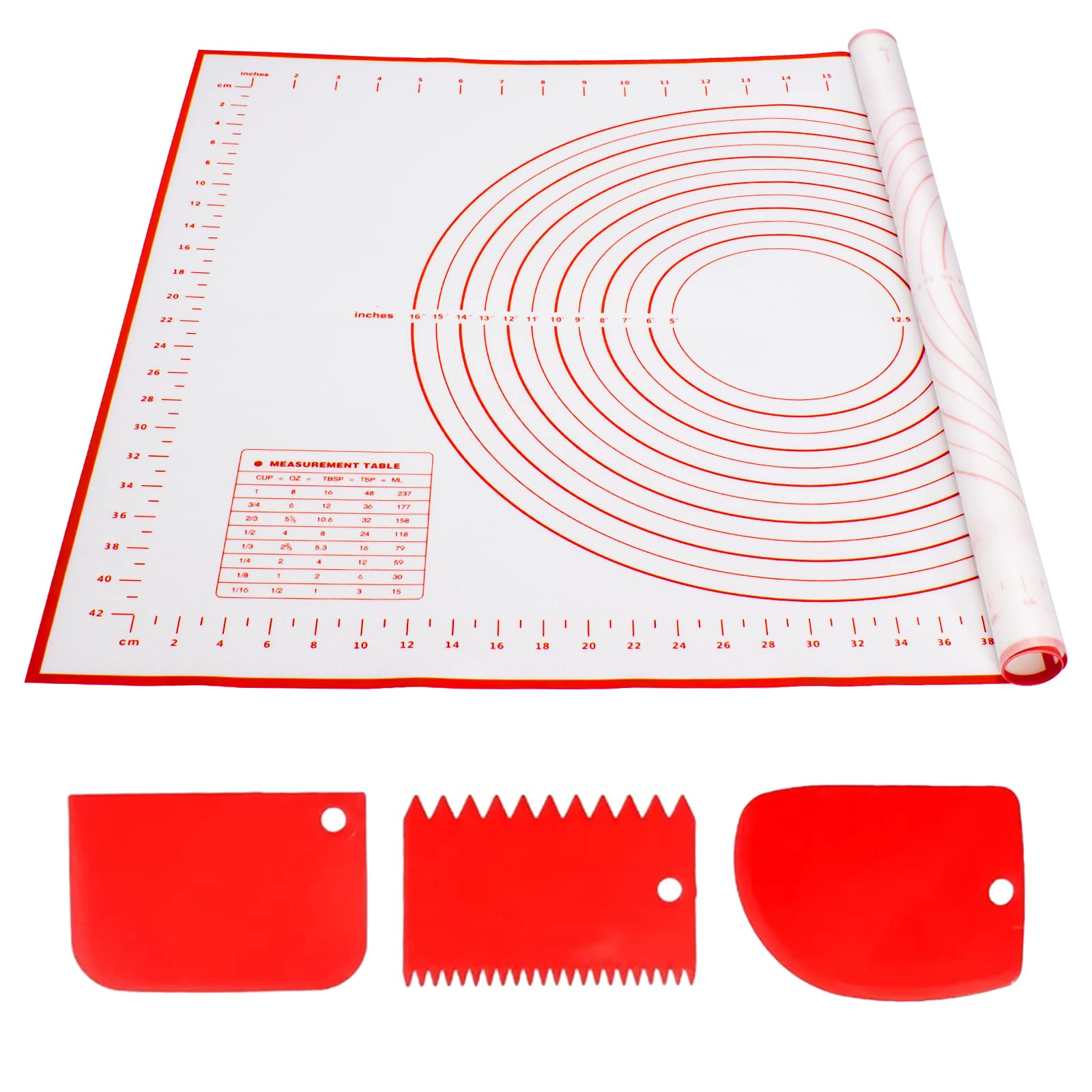 Alyvisun Silicone Baking Pastry Mat with 3 Scrapers 70×50CM Non-Stick Pizza Accessories Pad Anti-Slip Fondant Rolling Tray Dough Kneading Sheet Liner for Cake, Pie, Bread (Red)