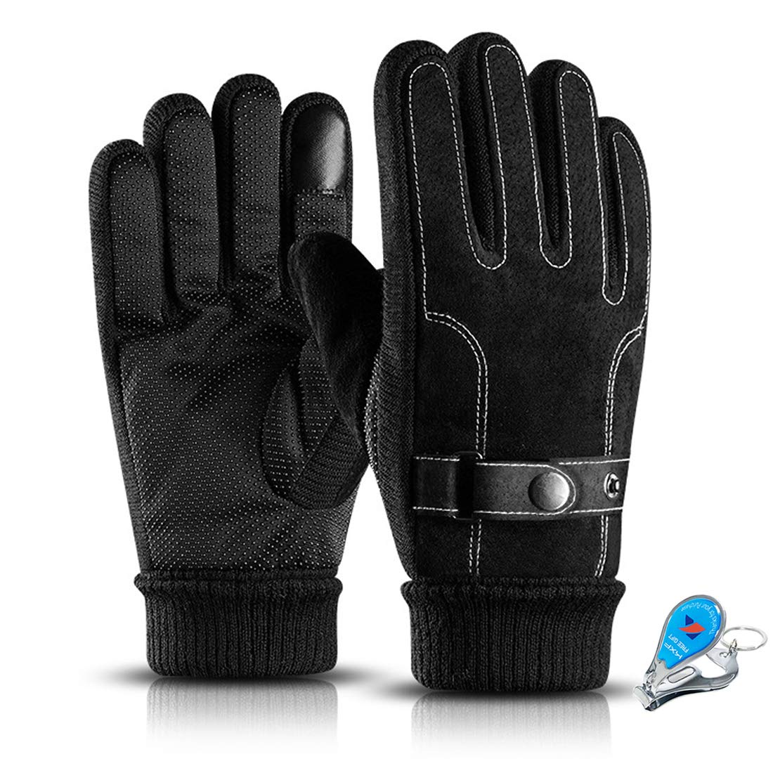 KXF Thermal Gloves, Mens Leather Winter Waterproof Gloves Thick Warm Fleece Lined Windproof Cold Proof Touchscreen Glove for Cycling Driving Running Camping Hiking
