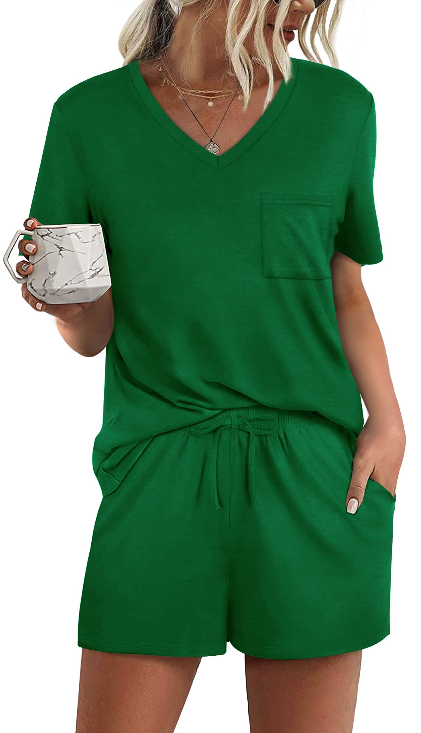 RUBZOOF Two Piece Outfits for Women Short Sleeve V