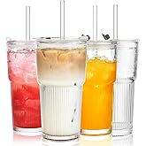 ALINK 20oz Glass Tumblers with Lids and Straws, Set of 4 - Stylish Ribbed Design Drinking Glasses for Iced Coffee Cups, Juice, Smoothies, Cold Beverages, Includes Cleaning Brush, Durable Glassware