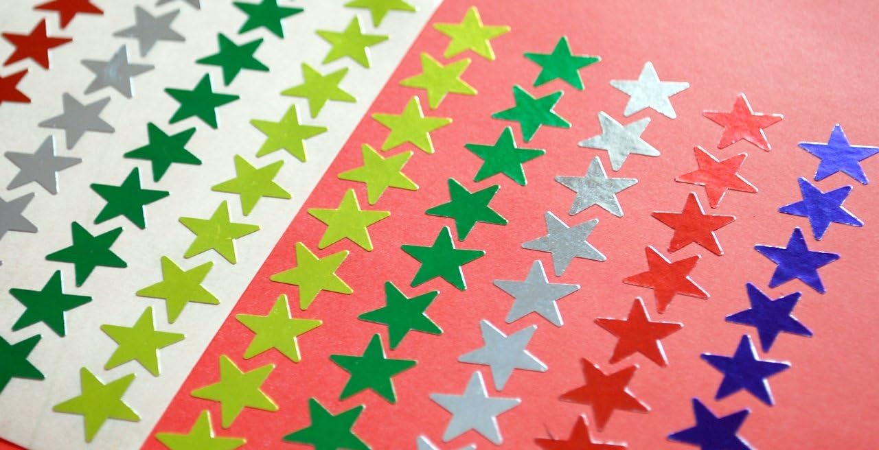10 Sheets Metallic Multi-Coloured Stars Size 13mm Reward Stickers