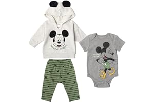 Disney Classics Winnie the Pooh Mickey Mouse Baby Hoodie Bodysuit and Pants 3 Piece Outfit Set (Newborn - 24 Months)
