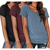 Womens 3 Packs Short Sleeve Shirts Soft V Neck T-Shirts Loose Fit Lightweight Basic Tee Tops S-XXL
