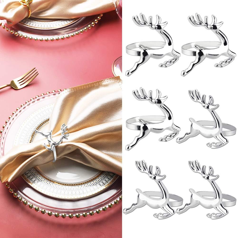 DECARETA 6 Stücke Serviettenringe Weihnachten Silber Metall Serviettenring Hirsch Elch Form Servietten Ringe Vintage Tishdeko für Hochzeit, Weihnachten, Urlaub, Party, Esstisch, Dekoration