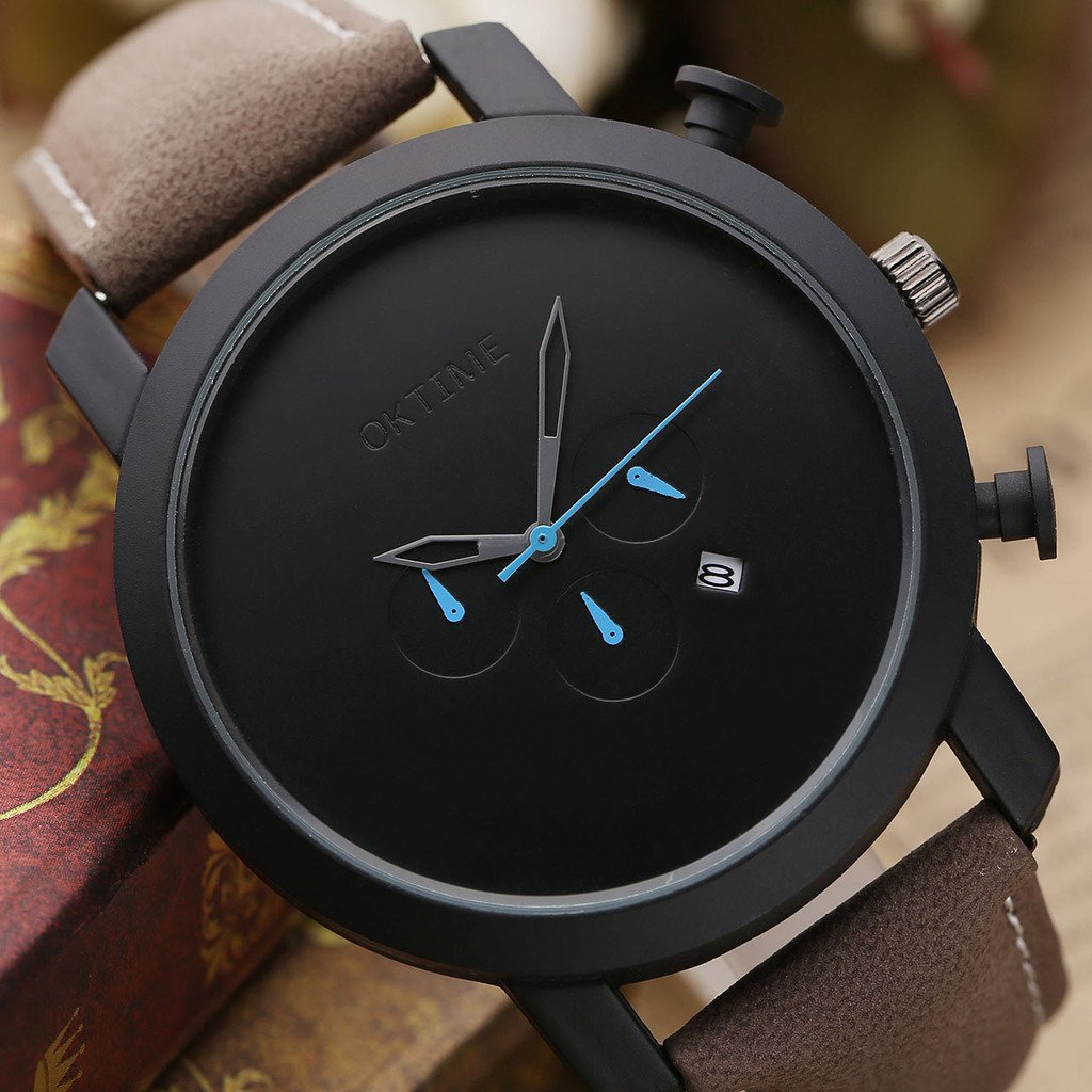 Top Plaza Mens Brown Genuine Leather Band Analog Quartz Casual Wrist Watch With Calendar Waterproof