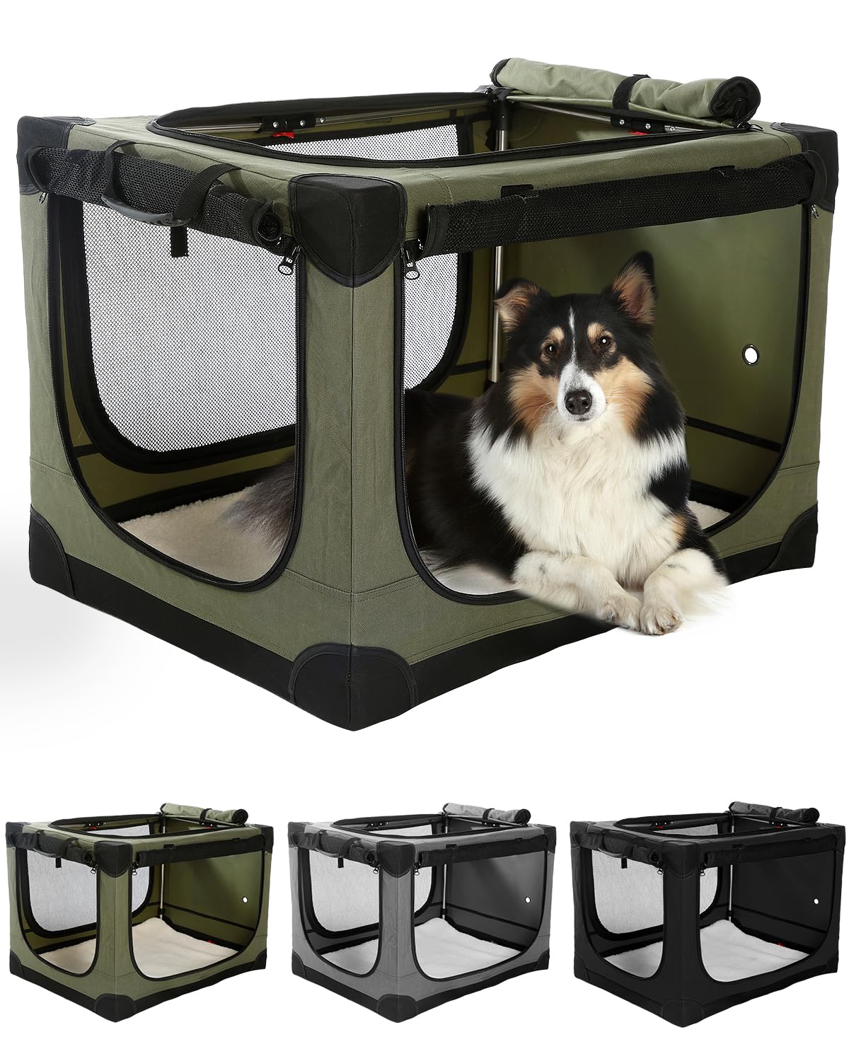 Photo 1 of Veraste 24 Inch Collapsible Travel Dog Crate for Medium Large Dogs, Portable Dog Crate 4-Door Foldable Soft Kennel with Chew-Proof Mesh Windows for Indoor & Outdoor Travel,with Storage Bag,Green