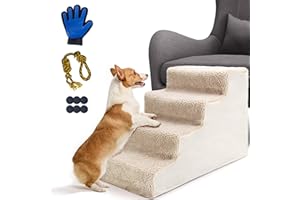 Kphico Plastic 4 Steps Dog Stairs, Non-Slip Wide Pet Stairs with Washable Fiber Cover, Dog Steps for Small Dogs & Cats Climbing Couch, Bed, Send 1 Pet Grooming Gloves & Dog Rope Ball, Khaki