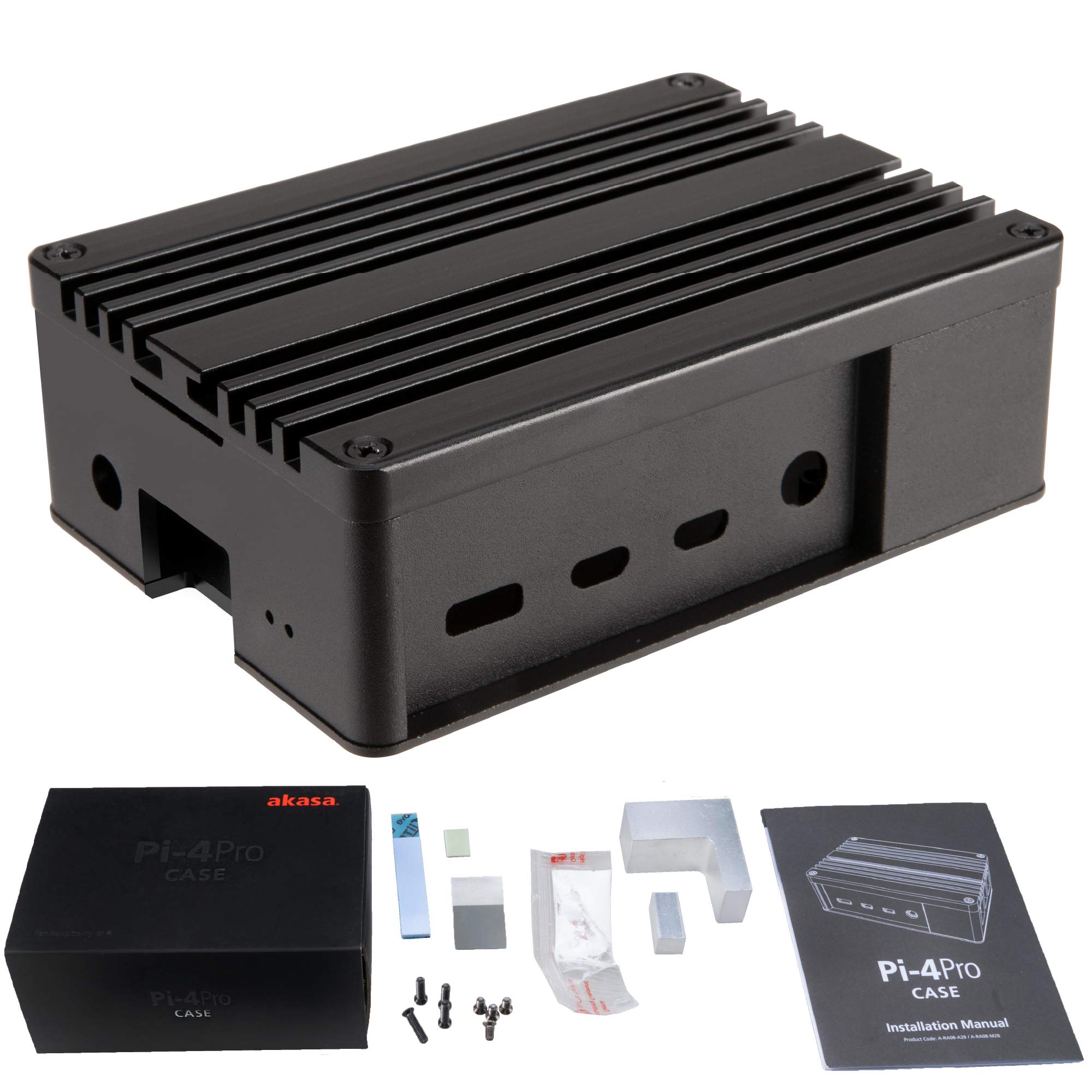 Akasa Pi-4 Pro, Pure Aluminum Raspberry Pi 4 Armor Case, Zero-Noise Passive Cooling Rpi 4 Case, Raspberry Pi 4 Heatsink for Raspberry Pi 4 Model B, Thermal Kit Included, A-RA08-M2B
