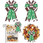 ALIBBON 2Pcs Football Party Bows for Wreaths, Fall Wreath Bows, Super Bowl Bows, Green Brown Bows for Front Door, Football Party Supplies Decor, Burlap Bows for Wreath Indoor Outdoor Decor