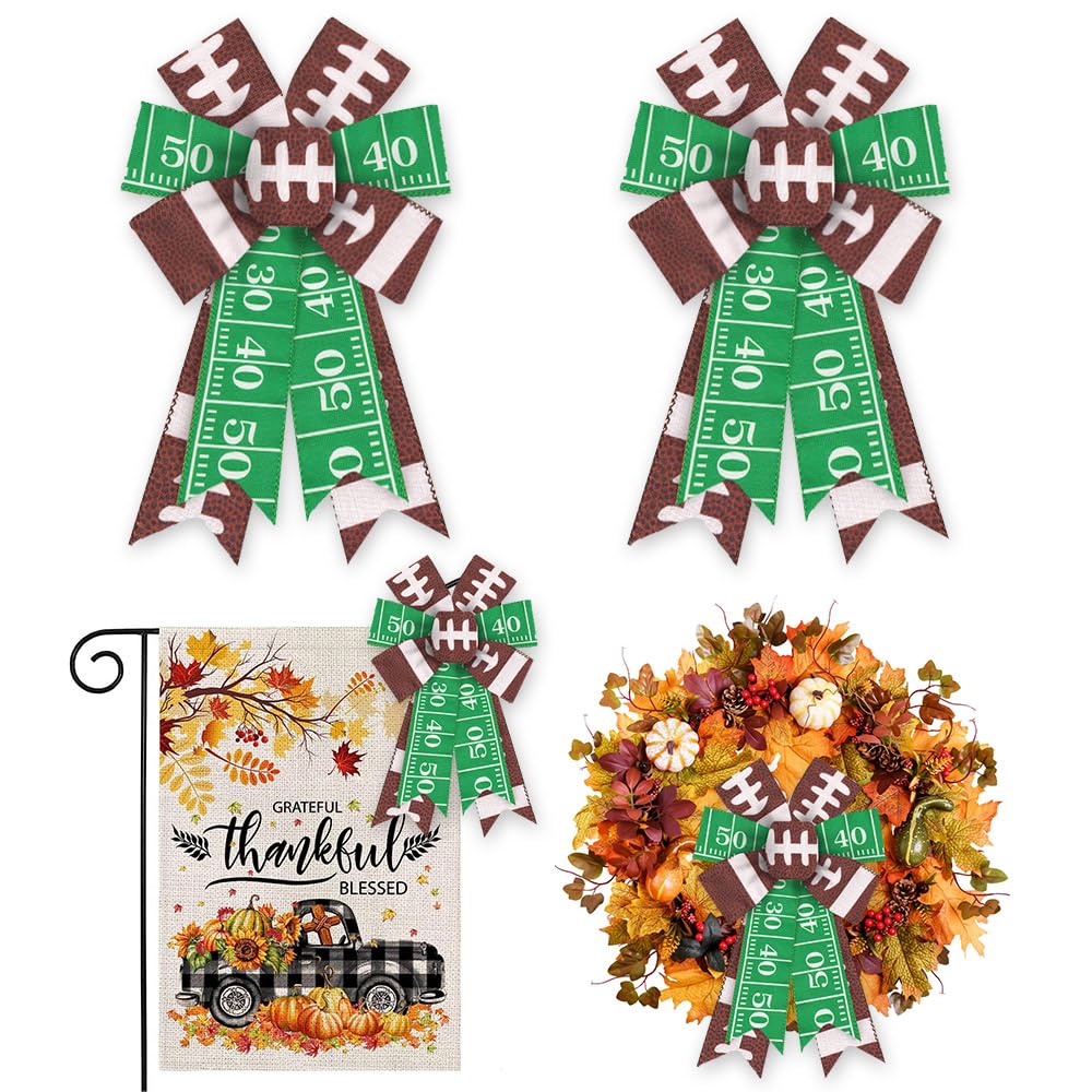 Photo 1 of ALIBBON 2Pcs Football Party Bows for Wreaths, Fall Wreath Bows, Super Bowl Bows, Green Brown Bows for Front Door, Football Party Supplies Decor, Burlap Bows for Wreath Indoor Outdoor Decor