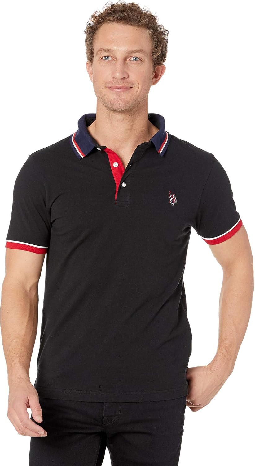 men's slim fit striped contrast collar petit piqué polo