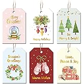 48 Pcs Christmas Gift Tags, Watercolor Christmas Hanging Tags Label Gold Foil with Hemp Rope Xmas Present Tag for DIY Xmas Holiday Present Wrapping Decorations, 6 Styles