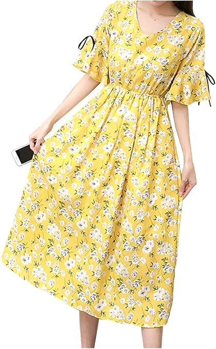 Amazon Co Jp グリーンティー 在庫処分セール ワンピース ロング 秋 花柄 体型隠し 膝下 ヒラヒラ 着痩せ 4色 レディース 服 ファッション小物