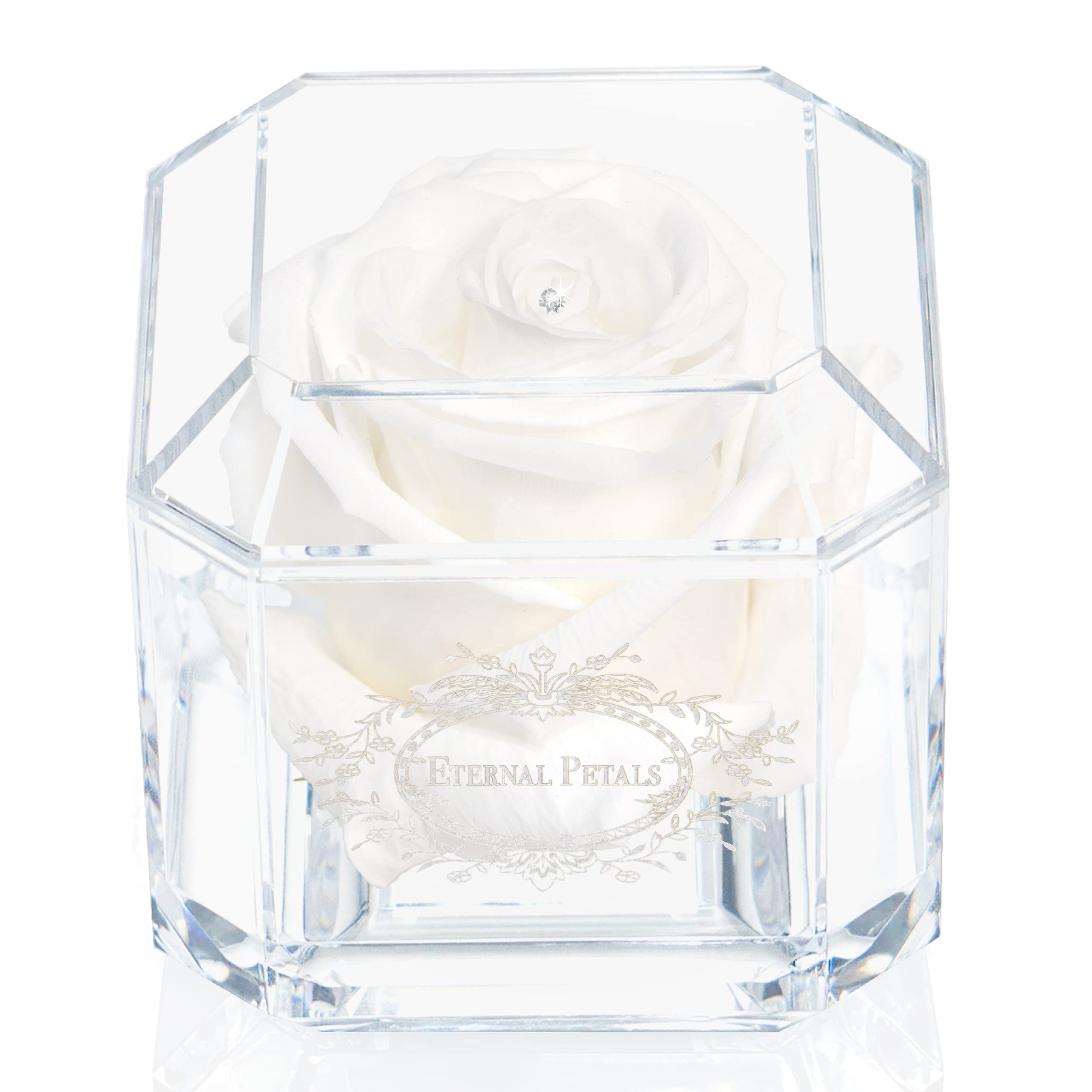 A 100% Real Rose That Lasts Years - Eternal Petals, Handmade in UK – White Gold Solo with A Clear Crystal (White)