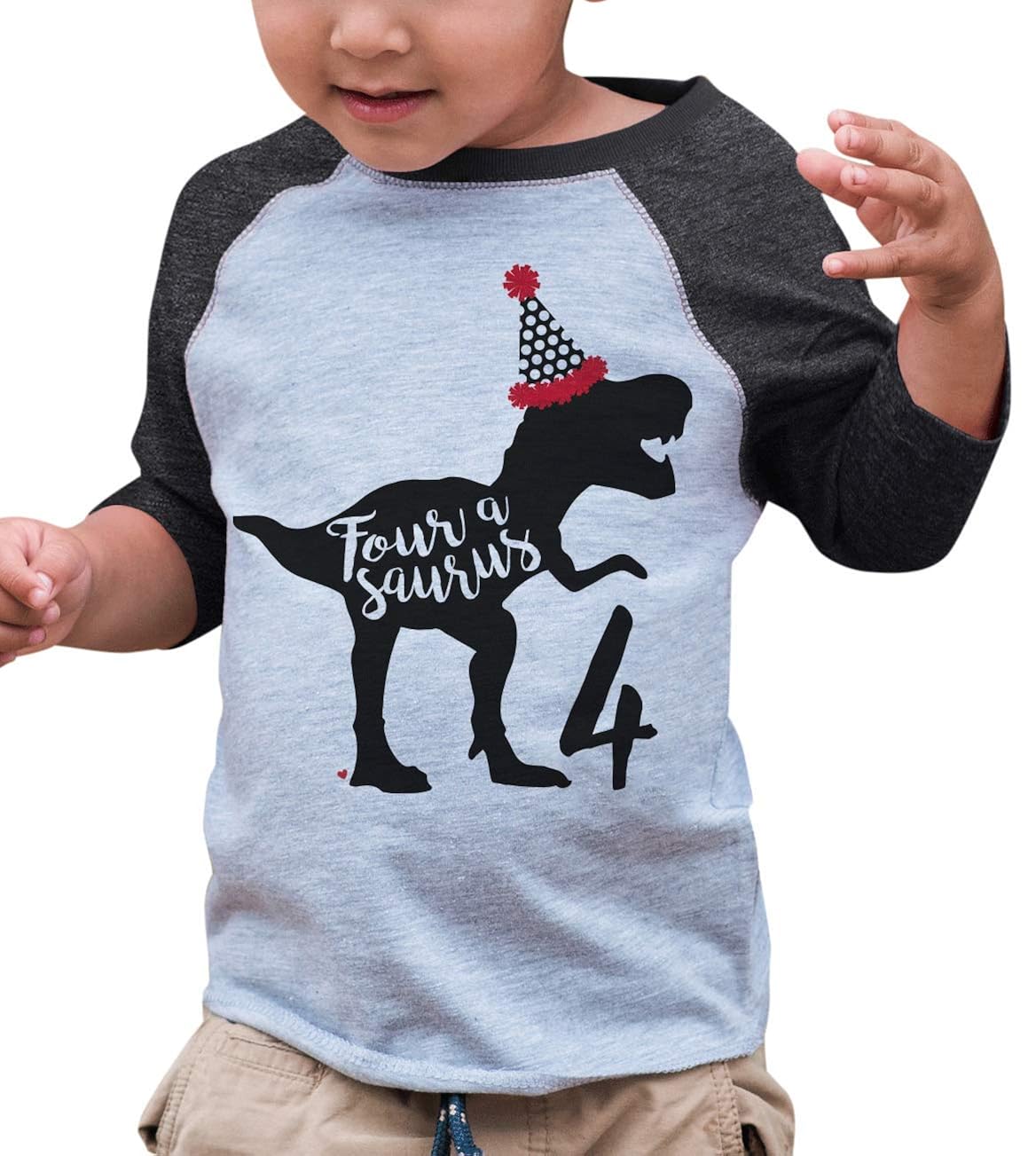 7 ate 9 Apparel Four Fourth Birthday Dinosaur Grey Baseball Tee Tees  foretadrenaline.com