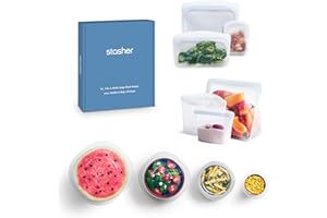 Stasher Silicone Reusable Food Storage Bags & Stretch Lids, 10-Pack Starter Kit, Reusable Freezer Bags, Microwave, Dishwasher