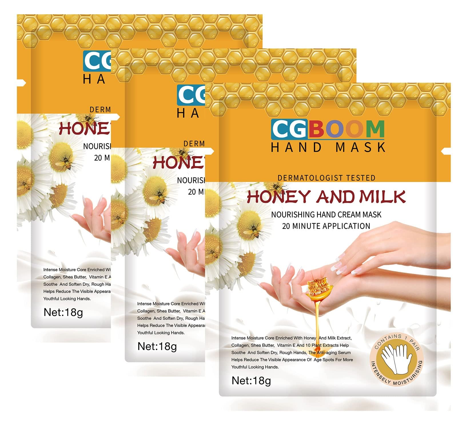 CGBOOM 3 Pairs Hand Masks Moisturizing Gloves, Hand Skin Repair Renew Mask Infused Collagen, Vitamins + Natural Plant Extracts for Dry, Aging, Cracked Hands (Honey and Milk)