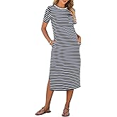 ANRABESS Womens Summer Casual Midi Dress Short Sleeve Crewneck T Shirt Long Dresses Split Stripe Beach Vacation Travel Outfit