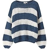 Covvoliy Women's Knit Striped Sweater Oversized Color Clock Long Sleeve Crewneck Pullover Jumpers Cute Trendy Sweater