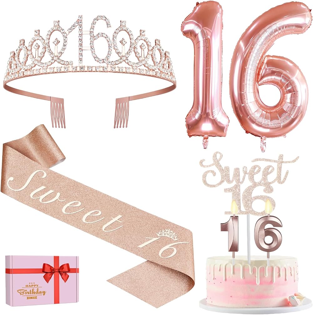 Amosking Sweet 16 Birthday decorations kit Rose Gold Crown Sash Cake Topper