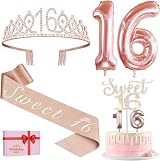 Amosking Sweet 16 Birthday decorations kit Rose Gold Crown Sash Cake Topper