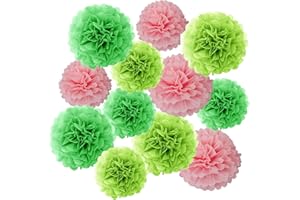 Aimto 12pcs Green Light Green and Pink Paper Pom Poms Decorations for Party Ceiling Wall Hanging Tissue Flowers Decorations - 3 Colors of 12 Inch, 10 Inch