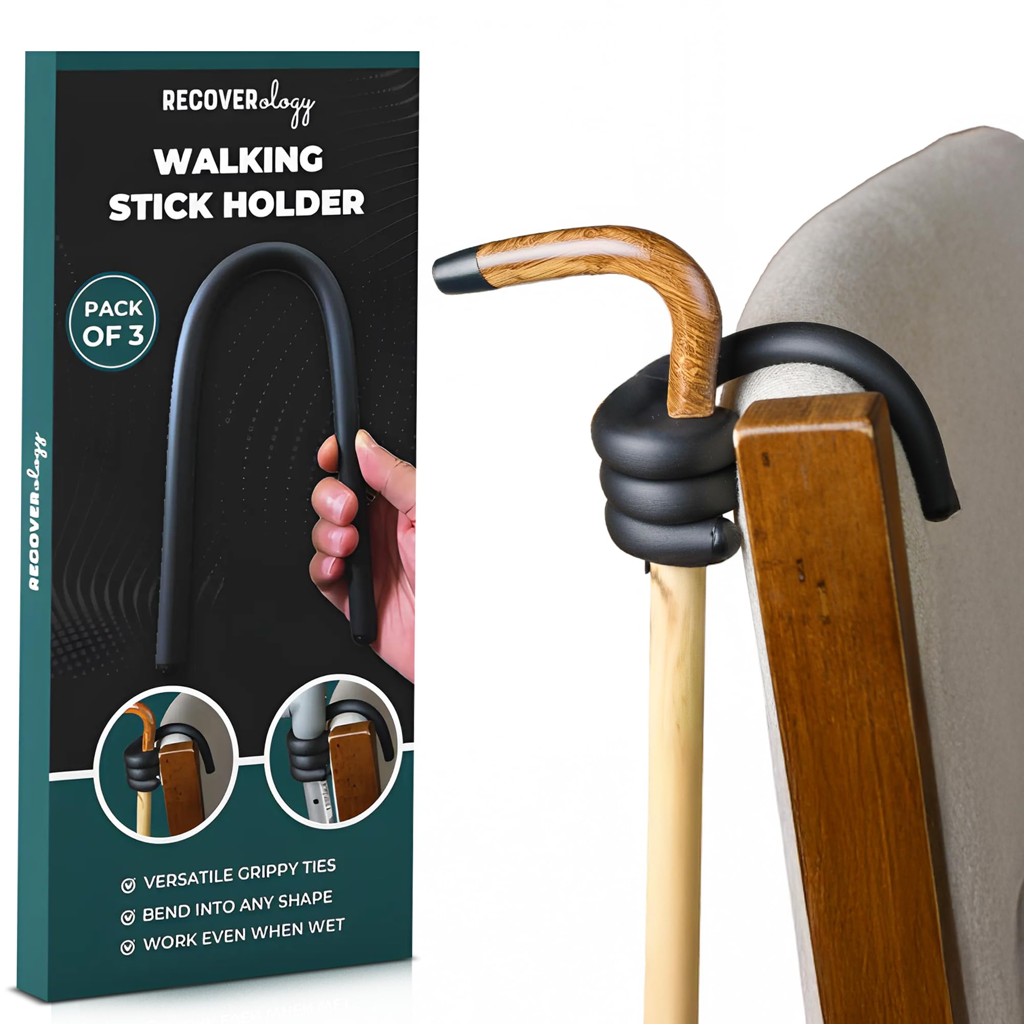 Walking Stick Holder | Pack of 3 Ties | Crutches Holder | Walking Stick Safe | Storage for Walking Stick | Hang Your Crutches Anywhere | Stop Walking Stick Falling to the Ground | Mobility Accessories