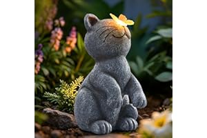 DyBaxa Solar Garden Décor, Garden Statues, Gifts for Women, Mom, Grandma, Patio, Balcony, Yard Decorations Outdoor - Unique Birthday & Housewarming Gifts, Cat Decor with Butterfly Light