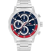 Tommy Hilfiger Men's Sporty Watch – Quartz Multifunction, Stainless Steel Case, Sunray Dial with Stick Indexes and CD-Textured Sub-Eyes, and Oversized Crown – Gift for Him