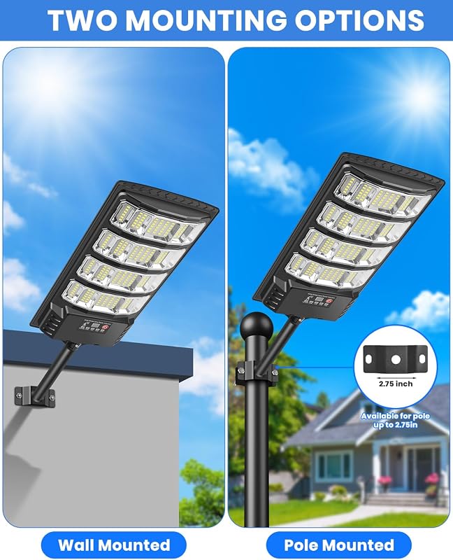 Lampione Solare per Esterno, 6500K Lampada Stradale Solare con Sensore di Movimento, Telecomando, Impermeabili 320° Illuminazione Faretto Solari con Pannello per Giardino, Strada (2 Pezzi)