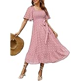 Amegoya Women's Boho Flowy Long Sleeve Square Neck Floral Midi Dress Smocked Spring Fall Wedding Guest Dresses