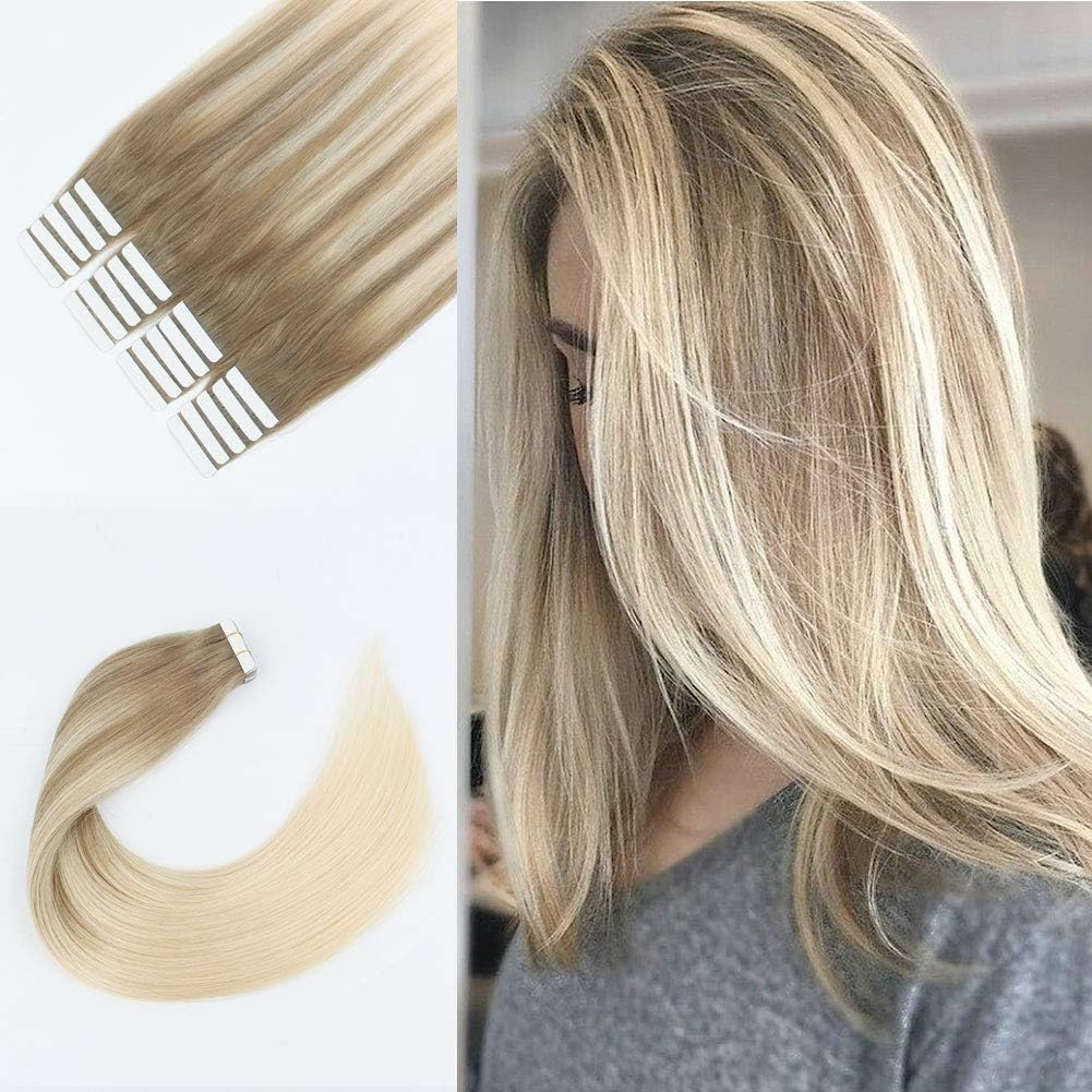 Balayage Hair Extensions Tape In With Double Sided Tapes and Premium Remy Hair Luxury Tape In Hair Extensions Balayage Ash Brown Fading to Ash Blonde [B8-60 18inch]