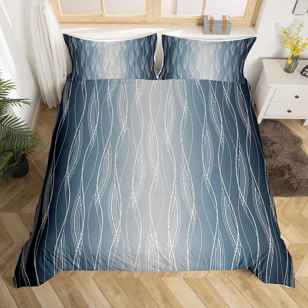 Homewish Navy Blue And Greyish White Ombre Duvet Cover Geometric Gradient Double Comforter Cover For Boys Teen Men Bedding Set Silver White Wave Striped Line Quilt Cover Navy Blue Grey Room Decor