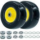 9x3.50-4 Flat-Free Lawn Mower Tire, Heavy-Duty PU Solid Tires with 3.5”-4” Centered Hub, 3/4” and 5/8” Axle Bore, 9" Solid Rubber Tire for Zero-Turn Mowers, Garden Carts, (Yellow, 2pcs)