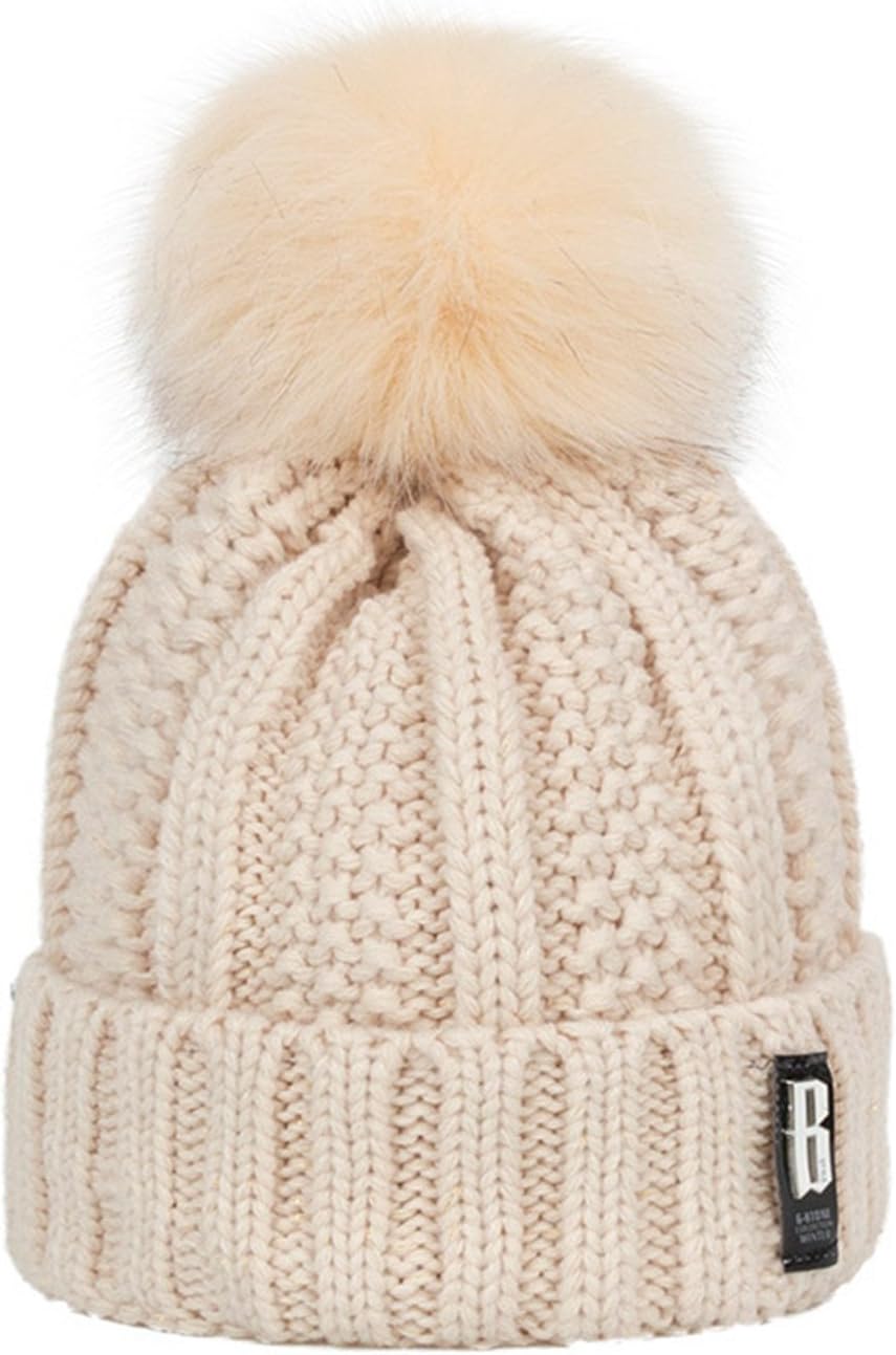 Donna Pierce Women Outdoor Winter Hat Women Knitted Hat Skullies Beanies Warm Pompom Hat Thick Women's Winter Hat Beige