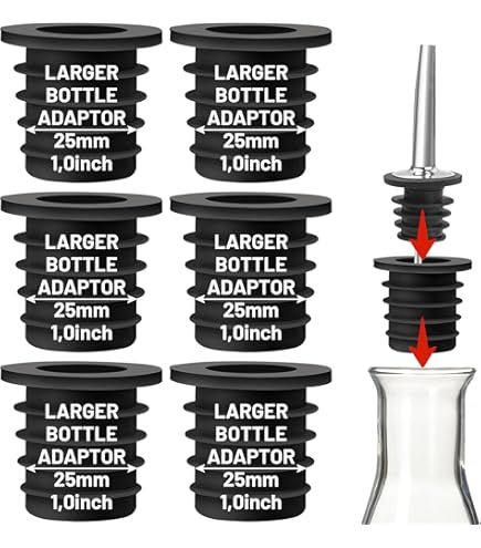 Stainless Steel Classic Bottle Pourers,Black 6 Pack With6 Adapters For Large Neck Bottles,Also For Olive Oil, Juice, Syrup,Converts Any Spout Into A Large Pour Spout(6 Pack