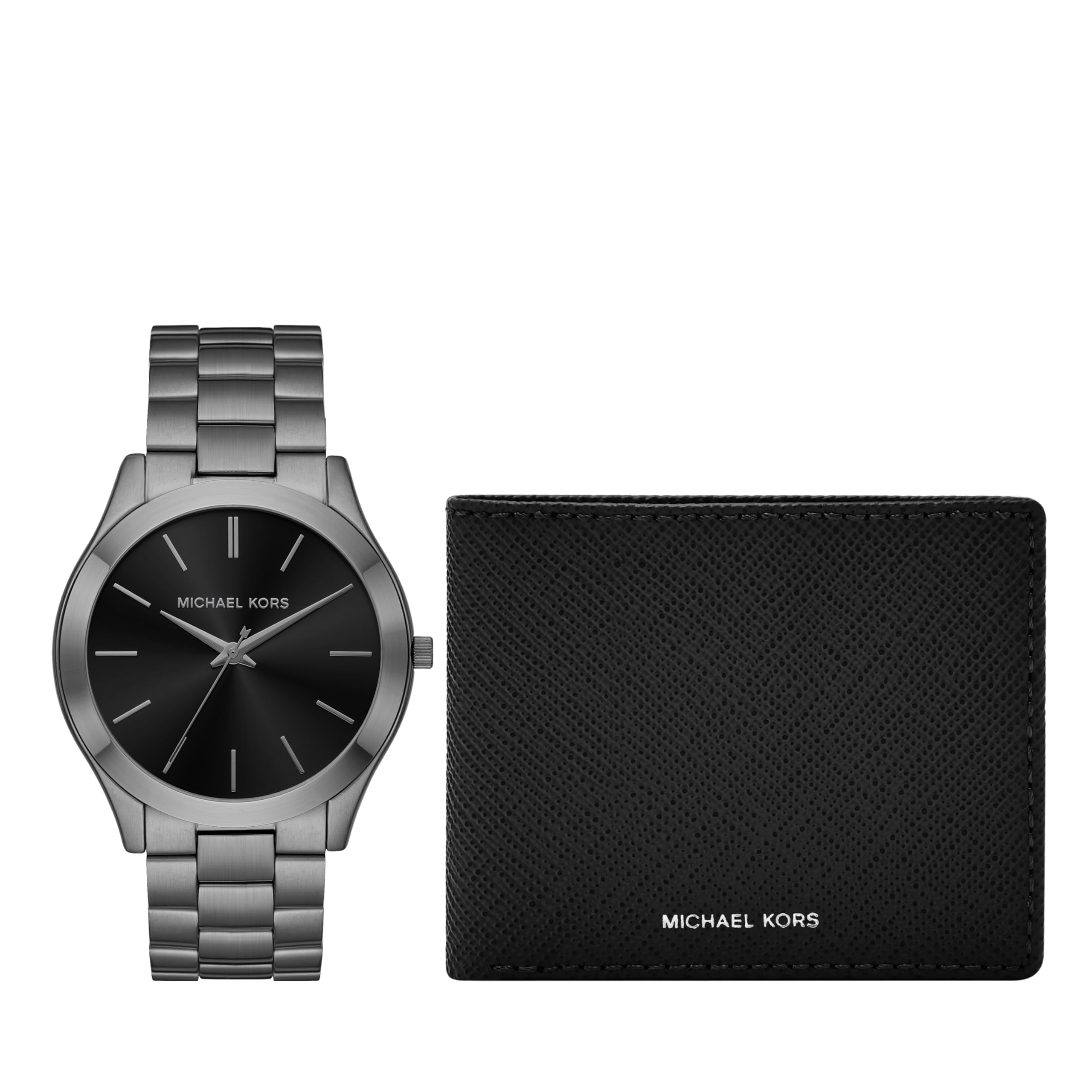 Michael Kors Slim Runway Three-Hand Gunmetal Stainless Steel Men's Watch and Wallet Gift Set (Model: MK1044) Image