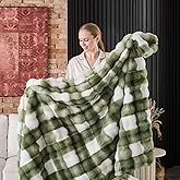 760GSM Faux Rabbit Faux Fur Throw Blanket,Super Thick Warm Bubble Blanket Throw,Fuzzy Luxury Plush Decorative Blanket for Couch Bed Sofa(Sage Green Grid Print,50''x 60'')