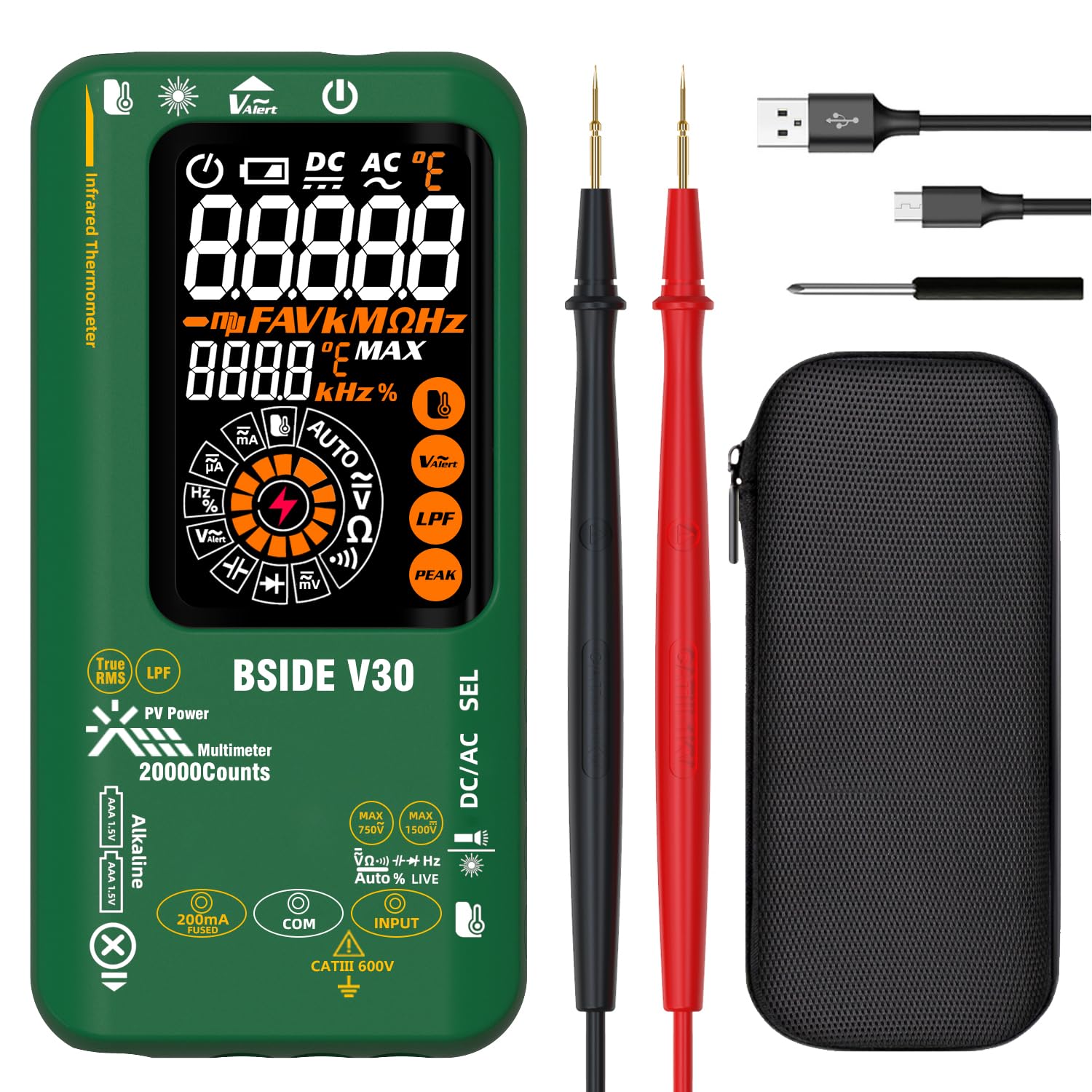 BSIDE photovoltaic Digital Multimeter Rechargeable Infrared Thermometer 0.1μA10μV resolution High Voltage Multimeter 20000 Counts Amp Tester D:S=10:1 Measure NCV Diode Capacitance Resistance Hz