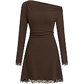 CIDER Women's Off Shoulder Dress Casual Long Sleeve Lace Trim Fall Outfits Grunge Vintage Mini Dress