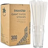[300 Pack] Biodegradable 10 Inch Long Giant Paper Drinking Straws 8mm Wide - Individually Wrapped, Plain White