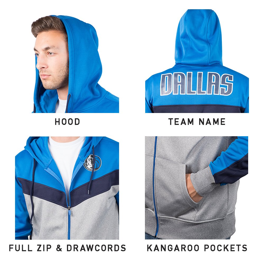 Ultra Game NBA Official Mens Contrast Back Cut Full Zip Hoodie Sweatshirt - Unisex, Dallas Mavericks, Team Color, Large