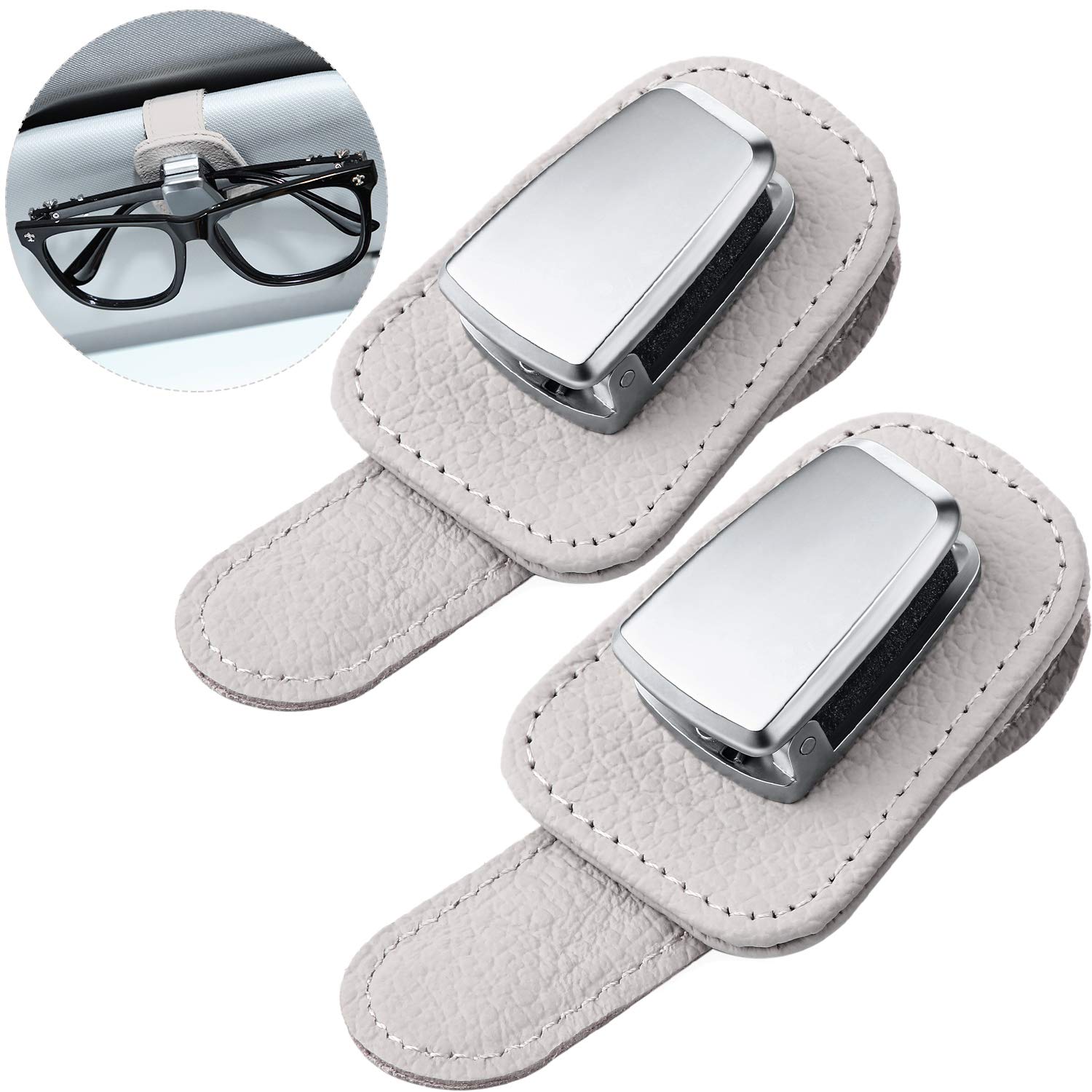 2 Packs Car Glasses Holder Universal Car Visor Sunglasses Holder Clip Leather Eyeglasses Hanger and Ticket Card Clip Eyeglasses Mount for Car (Gray)
