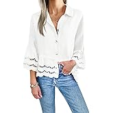 Cicy Bell Womens 3/4 Bell Sleeve Button Down Shirts Casual Ruffle Hem Tops Eyelet Blouse